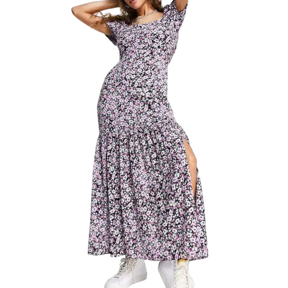 Topshop Dresses & Skirts - Topshop Floral Print Puff Short Sleeve Maxi Dress with Open Back Size 6